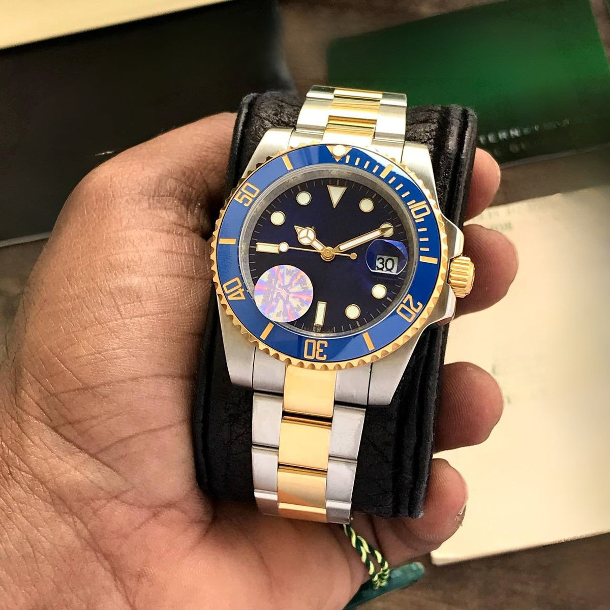 Relógio analógico Submariner para homem, redondo, com mostrador azul