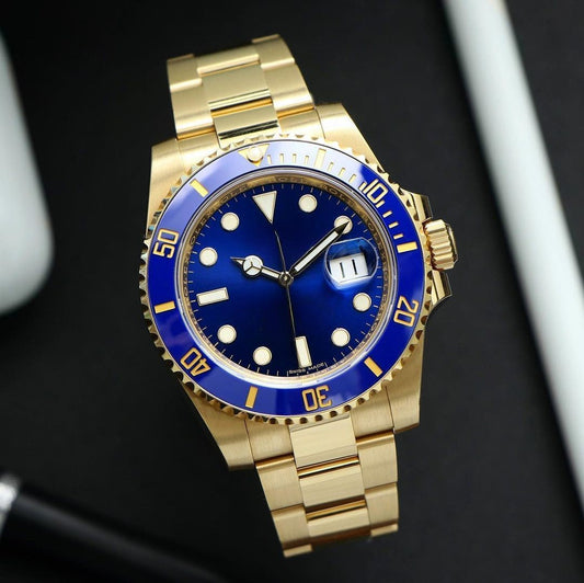 Submariner Quarz Gold Uhr mit blauem Zifferblatt für Herren