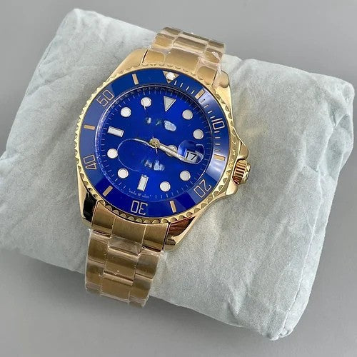 Reloj automático de hombre analógico de cuarzo con esfera dorada y azul y cadena metálica