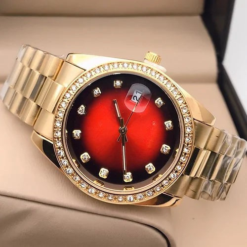 Herrenuhr mit rotem Zifferblatt und Metallarmband