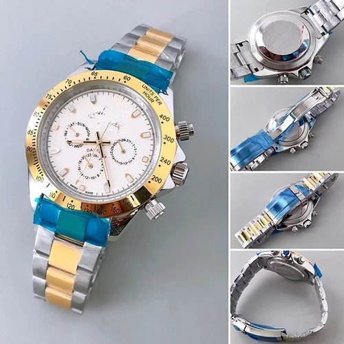 Reloj automático redondo de metal dorado y blanco para hombre