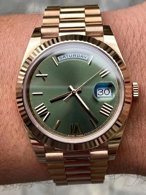 Reloj de Hombre Automático de Esfera Dorada y Verde Analógico con Correa de Metal de Cadena Redonda